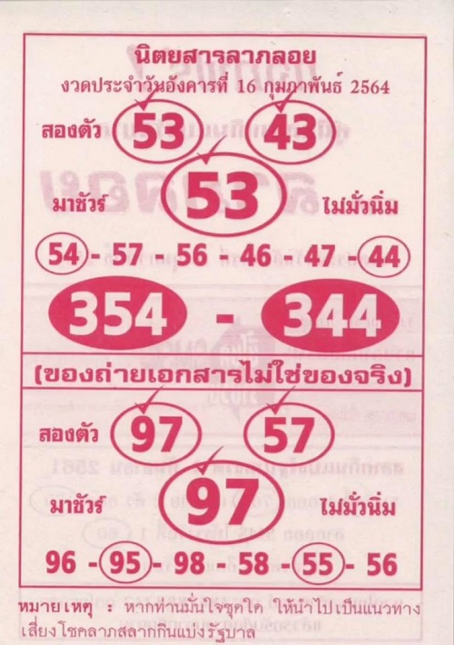 หวยนิตยสารลาภลอย 16/2/64