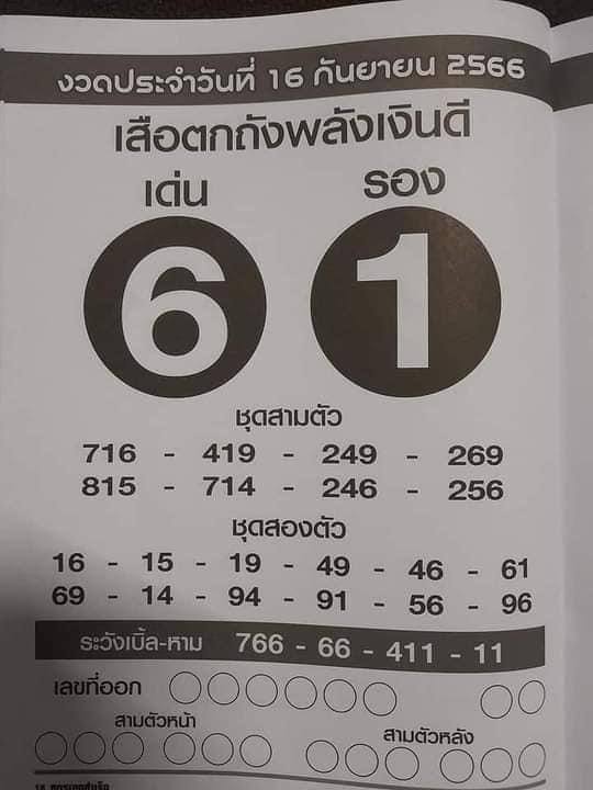 หวยเดือนกันยายน เลขเสือตกถังพลังเงินดี 2566