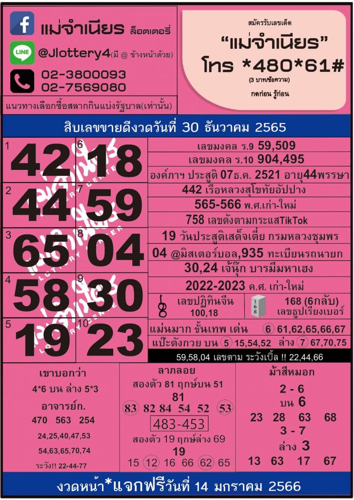 หวยแม่จำเนียร เลขเด็ดงวดนี้ 30/12/65